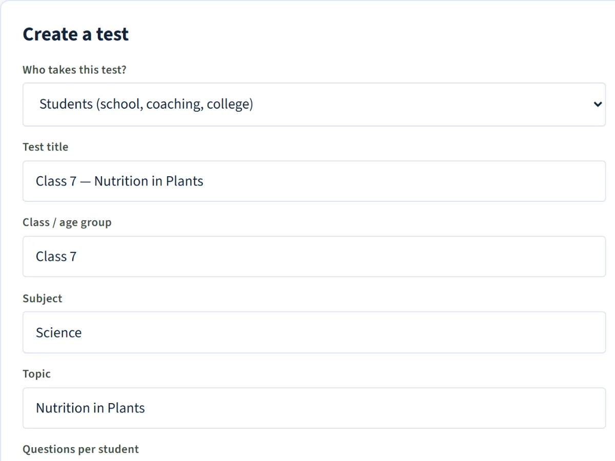 The form for creating a test from a topic, pasted questions or a PDF