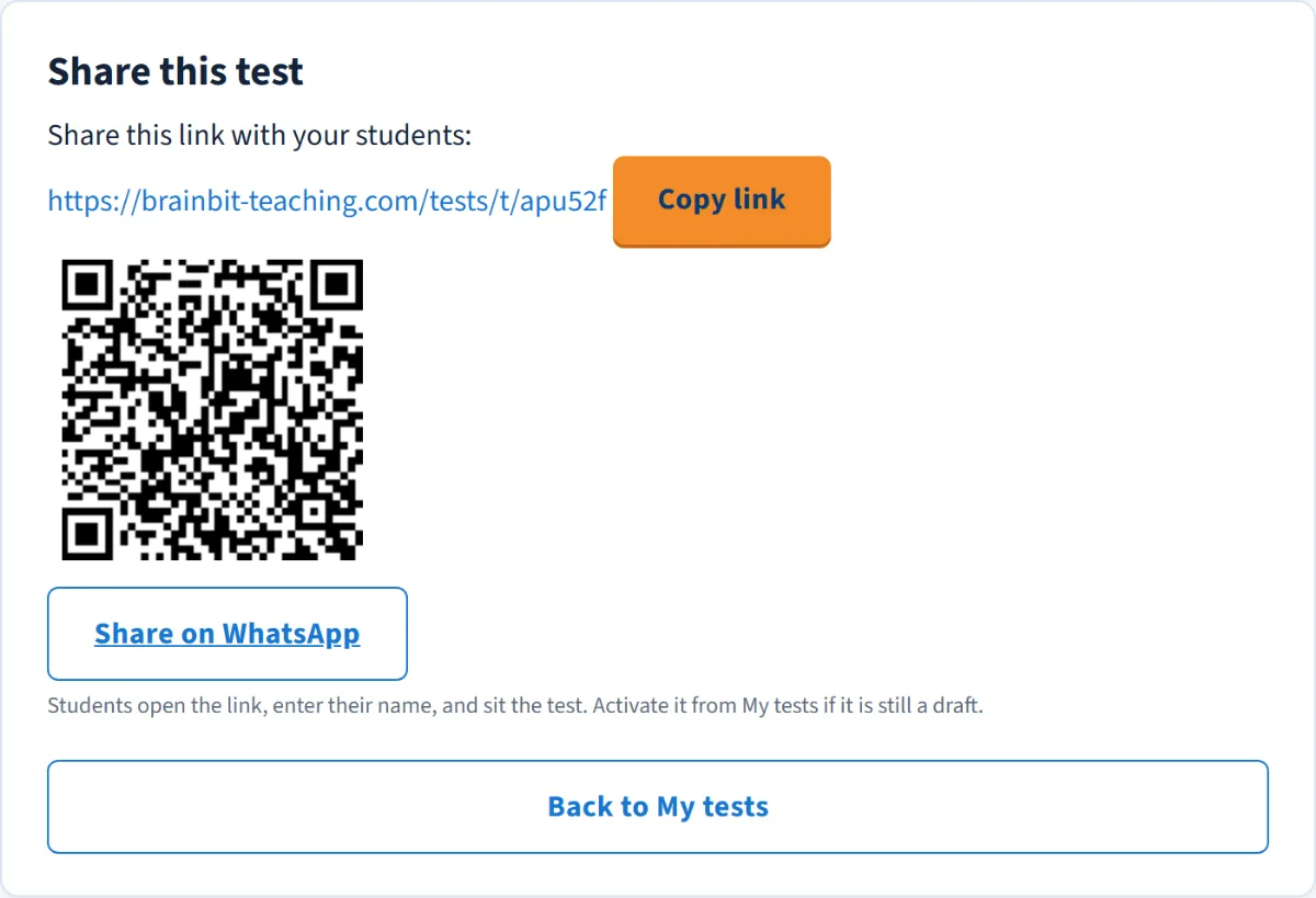 A test link ready to copy or send on WhatsApp, with a QR code