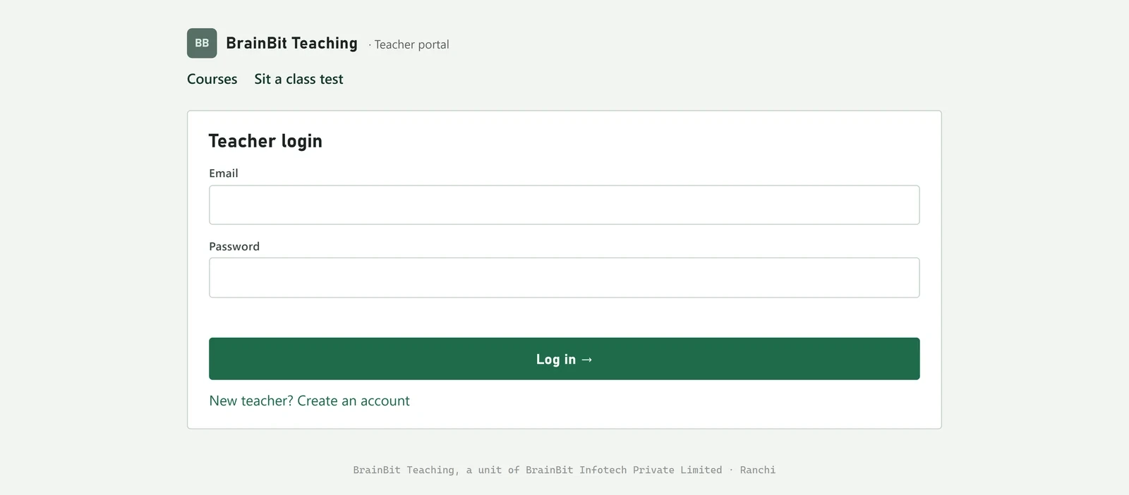 The teacher login box asking for email and password.