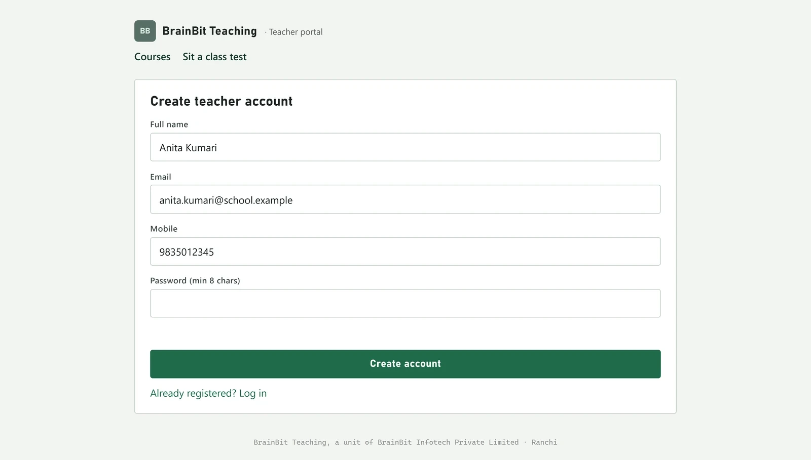 The teacher sign-up form with name, email, mobile and password filled in.