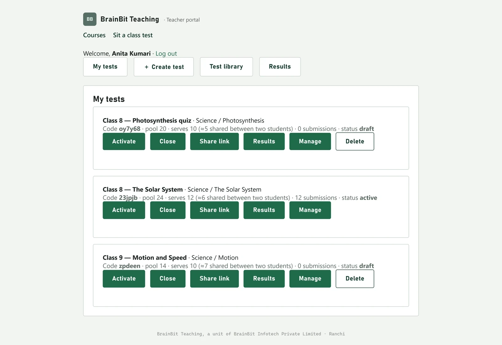 The My tests list with three tests showing their code, pool size, submissions and status.
