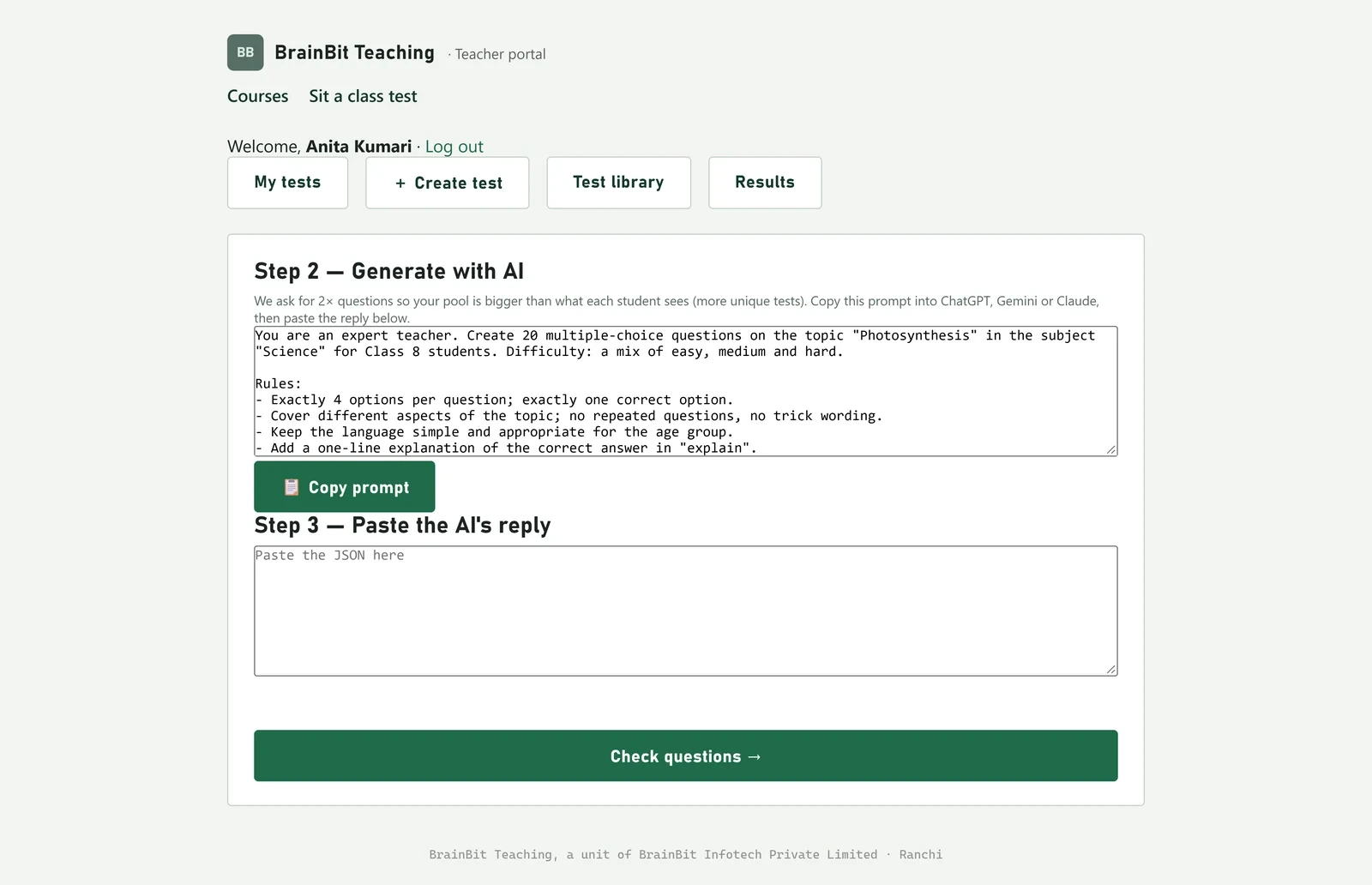 Step 2 of the wizard showing a ready-written AI prompt with a Copy prompt button, and an empty box to paste the reply into.