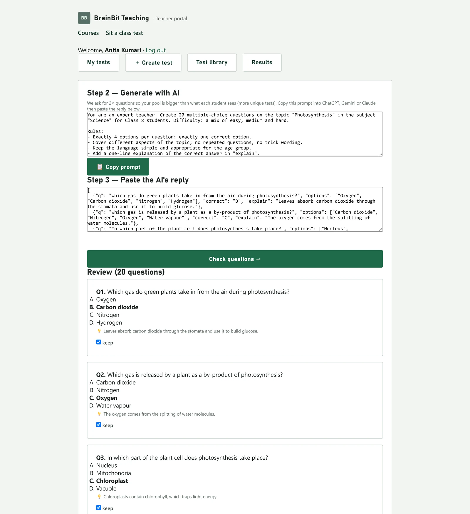 The pasted questions listed for review, each with its options, an explanation and a keep checkbox.