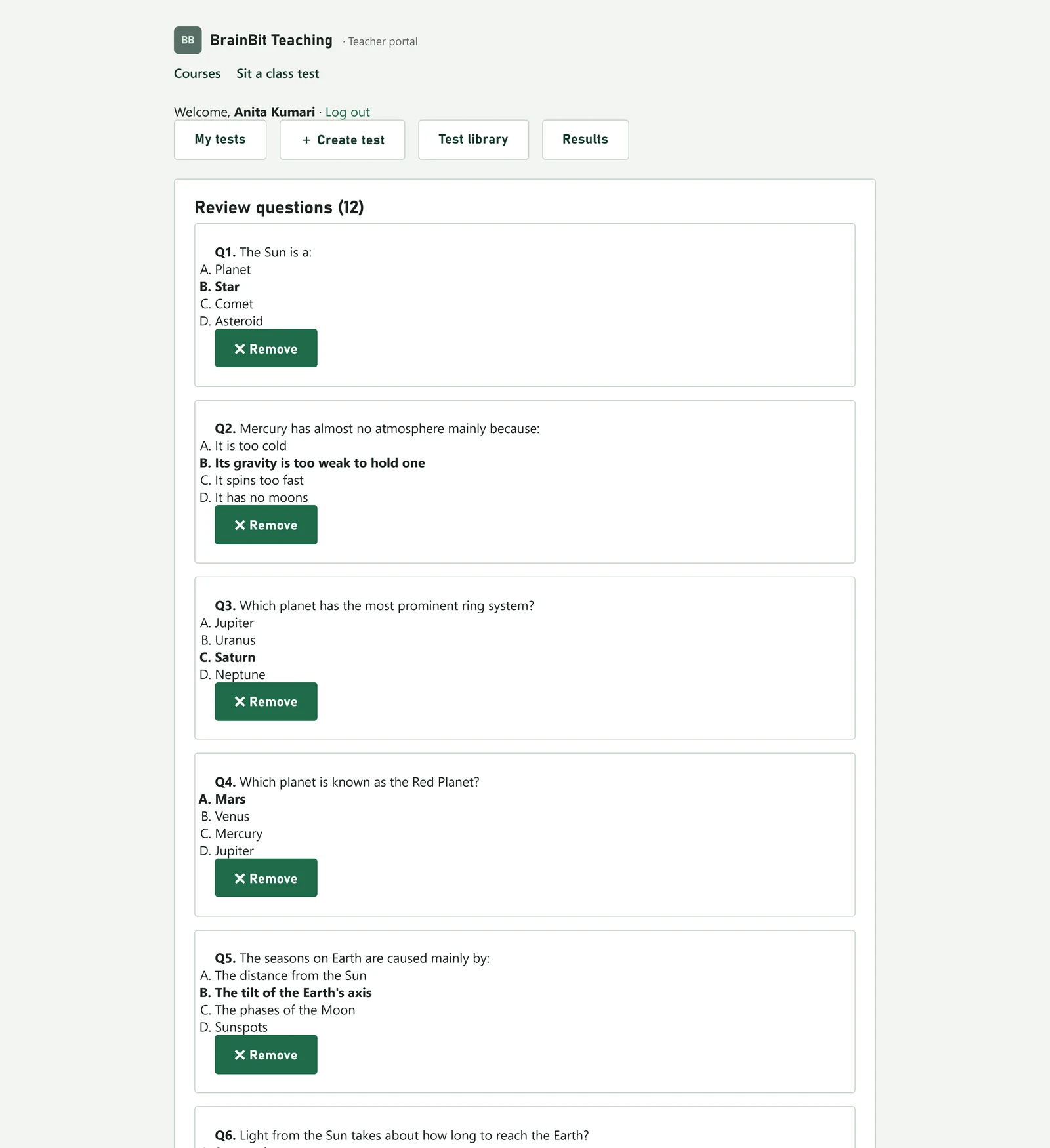 A list of questions drawn from the library, each with four options and a Remove button.
