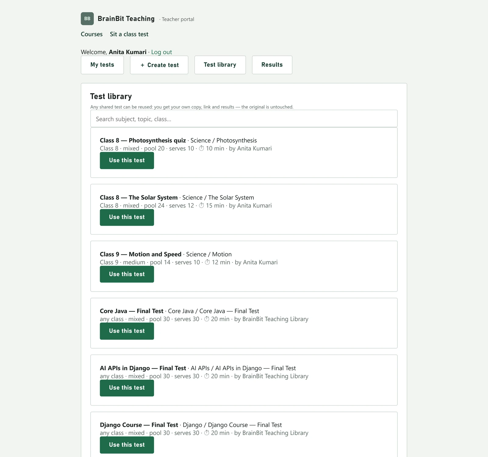 The test library with a search box and shared tests, each with a Use this test button.