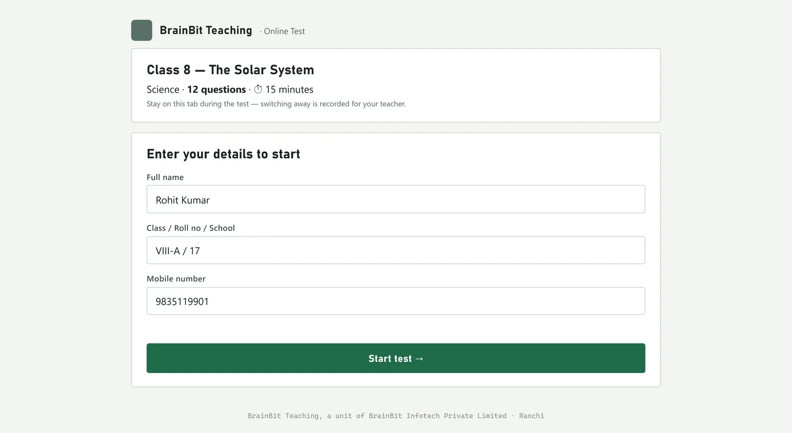 The student entry page showing the test details and a form for name, class or roll number and mobile number.
