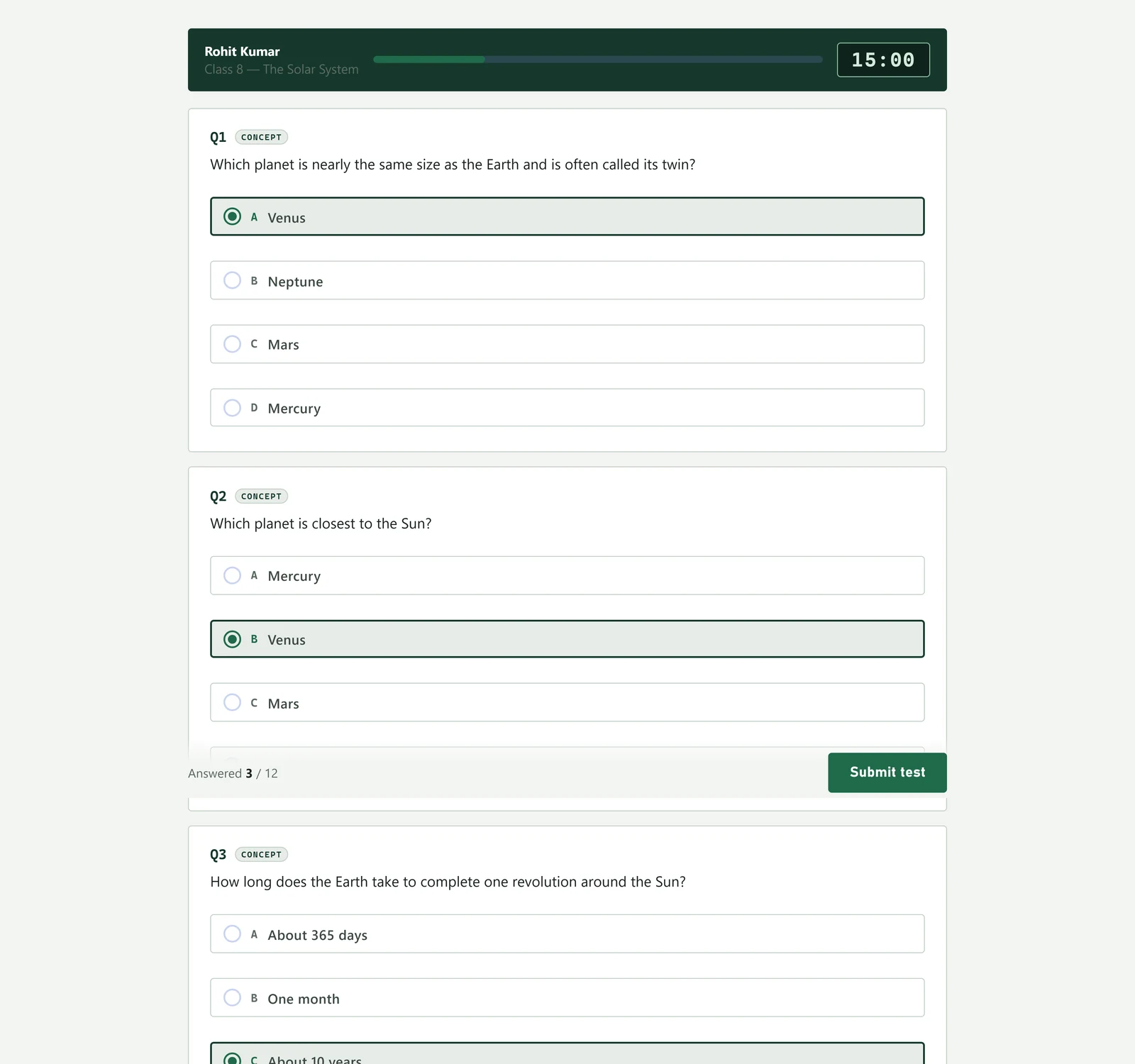 The test screen with a countdown timer, a progress bar, multiple choice questions and a submit button.
