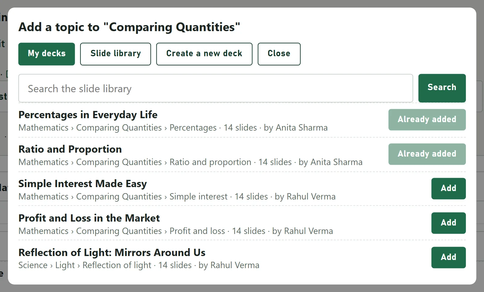 The Add a topic picker on the Slide library tab listing decks shared by another teacher, with Add buttons.