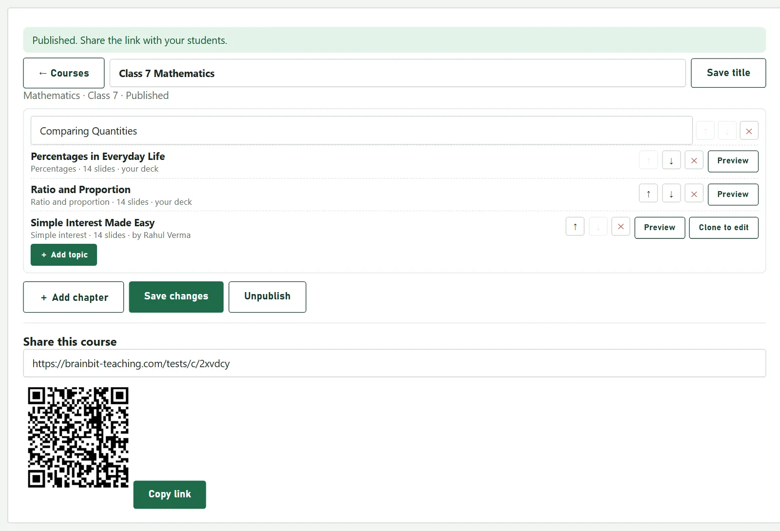 A published course with the chapter Comparing Quantities holding three decks, and the course link and QR code below.