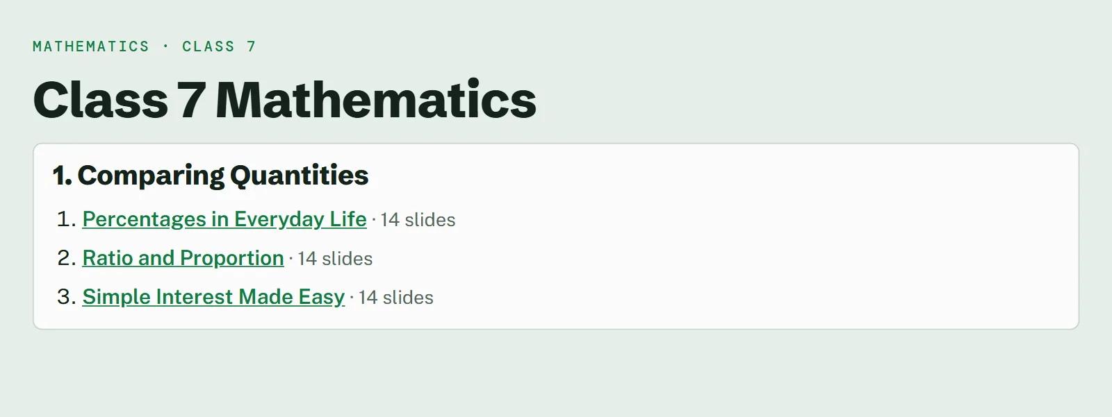 The course page a student sees: Class 7 Mathematics, chapter 1 Comparing Quantities with three linked topics.