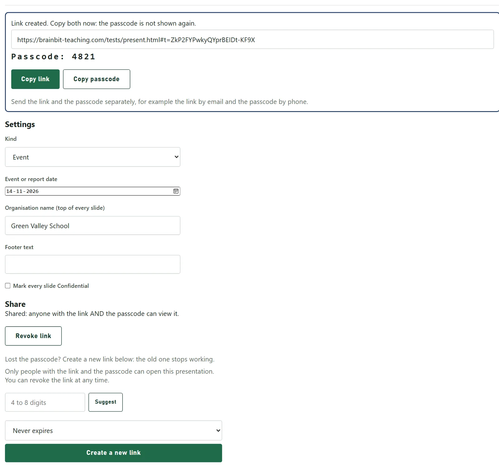 The share box showing the new link, the passcode 4821, Copy link and Copy passcode buttons, and the settings below.