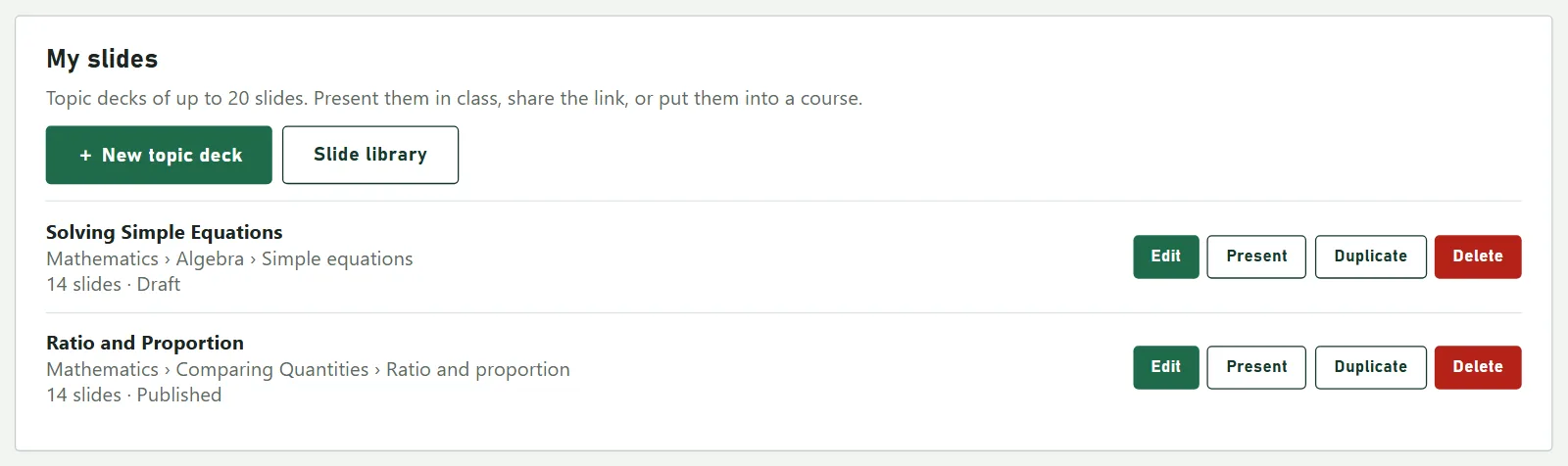 The My slides tab with two decks, one draft and one published, each with Edit, Present, Duplicate and Delete buttons.