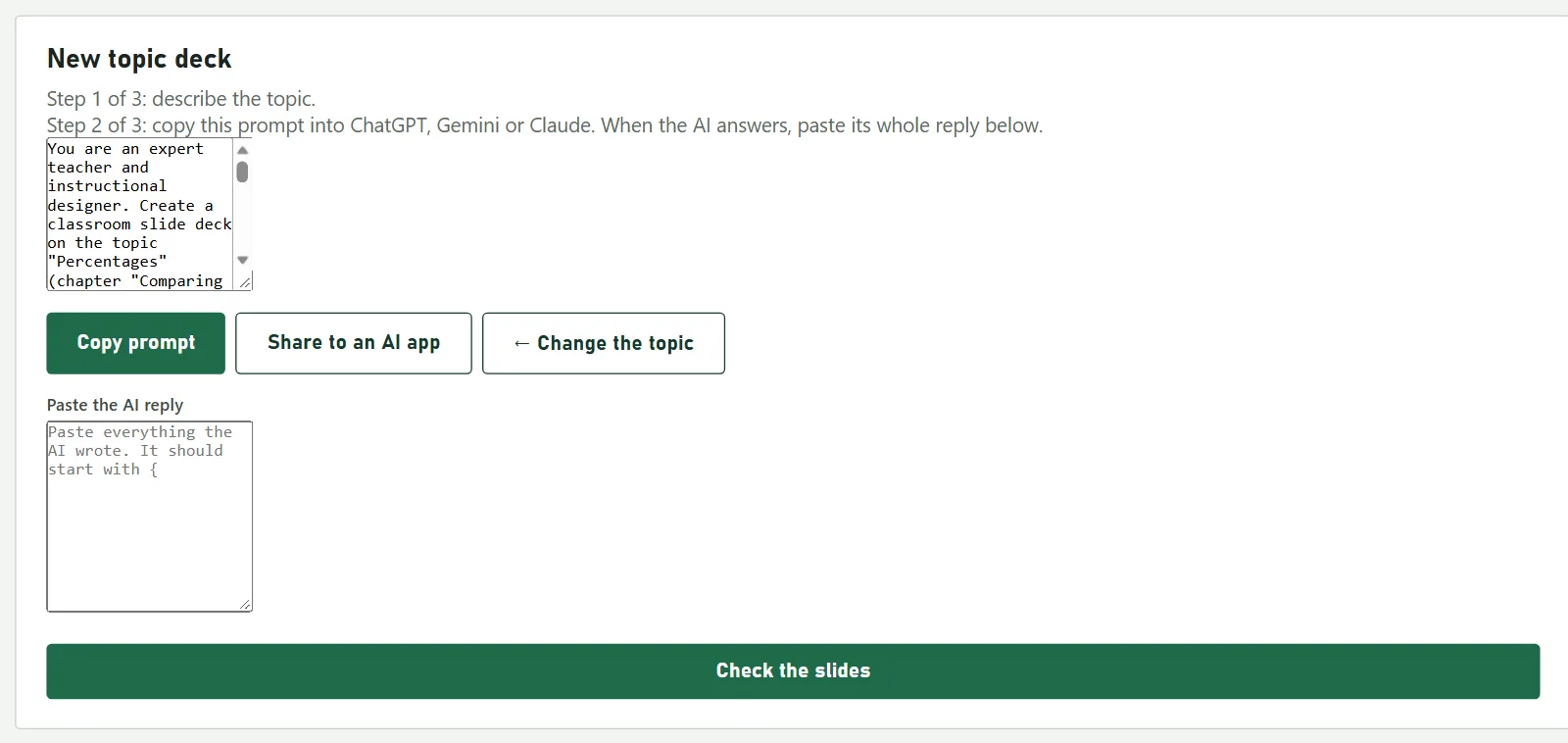 Step 2 of 3 showing the ready-made AI prompt with Copy prompt and Share to an AI app buttons, and an empty box for the AI reply.