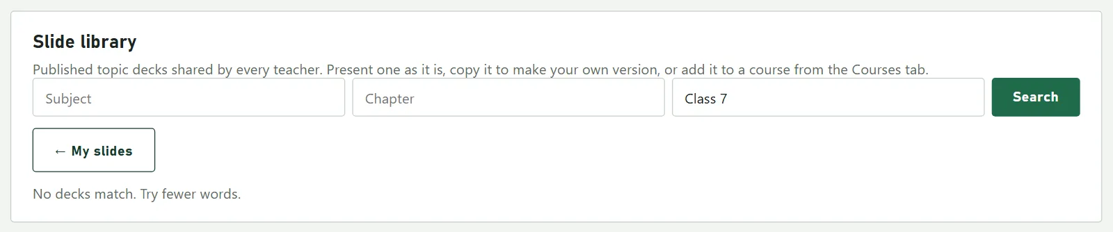 The slide library search for Class 7 listing shared decks by other teachers, each with Preview and Copy to my slides buttons.